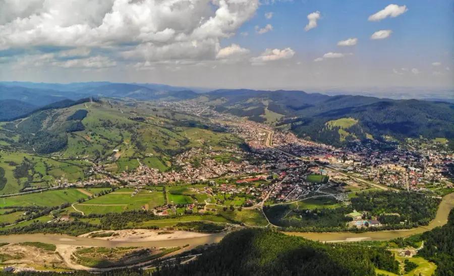 Mountain landscape overlooking Gura Humorului and Bucovina
