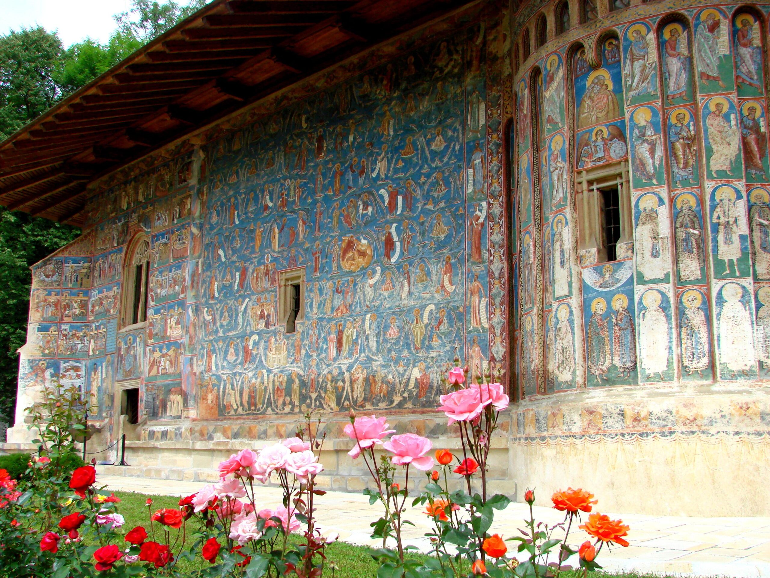 Painted exterior frescoes at a historic monastery in Bucovina